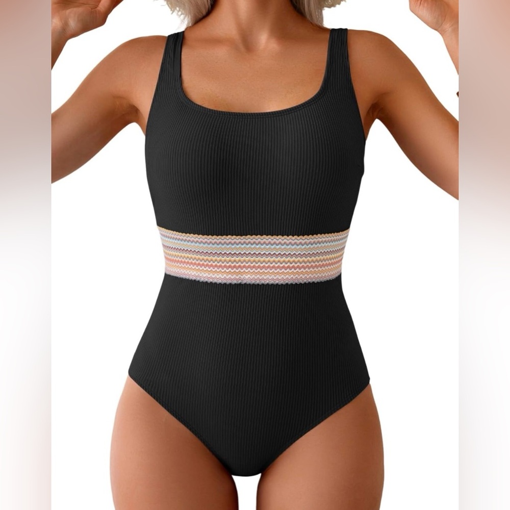 swimsuit XL black one piece colorful geometric print waistband shoulder ties NWT